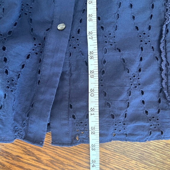 LOFT Eyelet Dress Medium Petite Navy Long Sleeve Feminine Twee Wedding Cruise - Picture 6 of 9